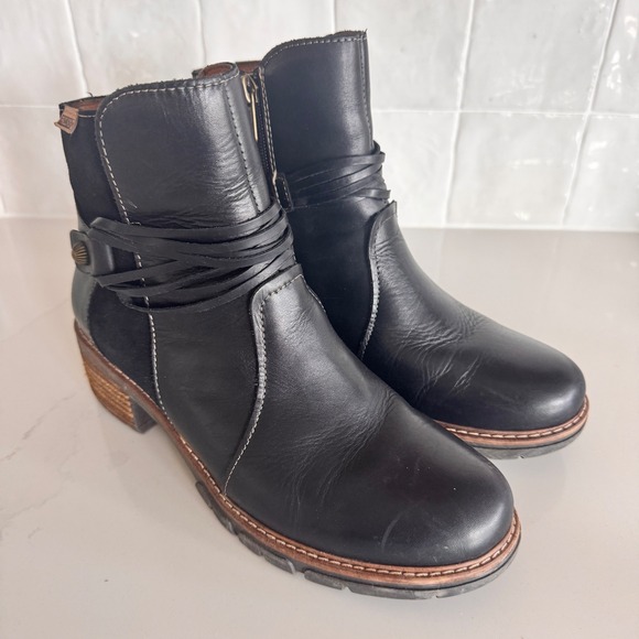 PIKOLINOS Shoes - Pikolinos San Sebastian Ankle Boots Women 37 Black Leather Suede Wrap Detail